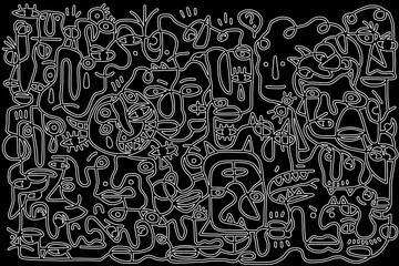Black and white cartoon pattern on black background, abstract design	
