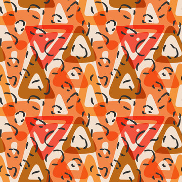 Ink brush stroke triangles seamless pattern. Hand drawn geometric shapes, aninal skin design, red orange transparent color palette. White color background. Vector