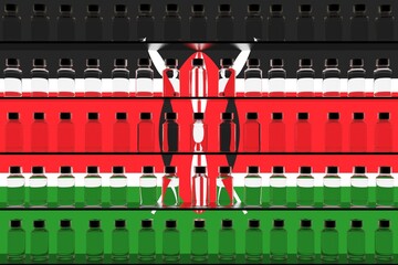 Flag of Kenya and multiple vaccine vials. Vaccination concept. 3D rendering