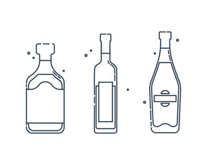 Bottle vodka rum and martini line art in flat style. Restaurant alcoholic illustration for celebration design. Design contour element. Beverage outline icon. Isolated on white backdrop.