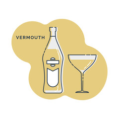 Bottle and glass vermouth line art in flat style. Restaurant alcoholic illustration for celebration design. Design contour element. Beverage outline icon. Isolated on shape background in graphic style