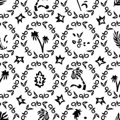 seamless black and white pattern from a set of simple images in the form of an ornament for prints on fabrics, clothes, packaging and for interior decoration, covers, frames and other surfaces