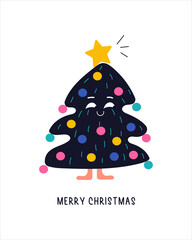Funny Christmas tree characters with cute face emotion. Cartoon style. Merry Christmas, New year concept. Trees with legs, garland with lights. Hand drawn Vector illustration.