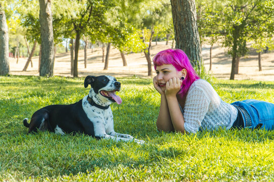 mujer y perro tumbados en el césped , mujer tumbada en la hierba mirando a su perro, mujer de pelo rosa mirando a su perro con las manos apoyadas en la cara