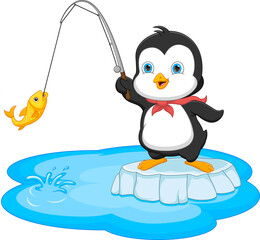 cartoon penguin fishing isolated on white background