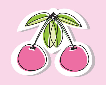 Vector illustration of a pair of cherries or sweet cherries in doodle style. Drawing with an offset outline. Hand drawn icon and symbol for print on baby clothes, sticker, textile design. Cartoon