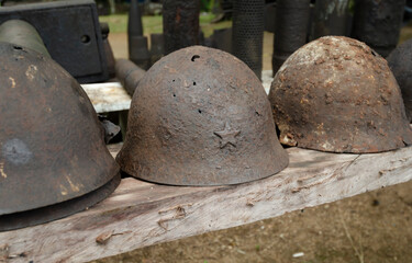 Helmets on display outside Goa Jepang (Japanese Cave), Biak, West Papua.