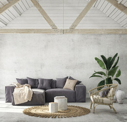 Modern home interior background, living room, coastal style, 3D render, 3D illustration