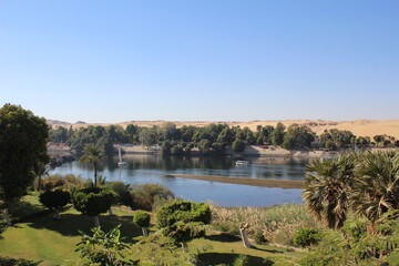 The beautiful nature mix of sandy hills and plants and river in Aswan in Egypt
