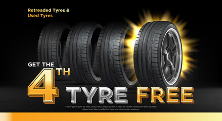 Car tyre background. Vector automotive banner template. Grunge tyre tracks backgrounds for landscape poster, digital banner, flyer, booklet, brochure and web design. Tyre texture close up. © Strajinsky