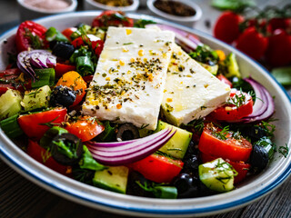 Fresh Greek salad - feta cheese, cherry tomatoes, cucumber, black olives and onion on wooden table
