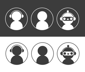 Chatbot robot and user icons in circle set. Elements for design online support service dialogue window.