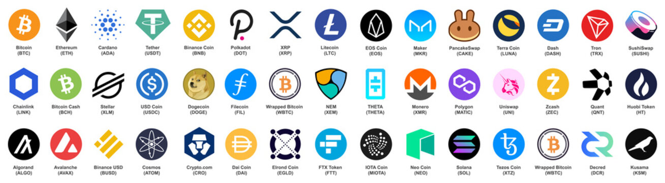 Set of top cryptocurrency tokens logos, crypto currency blockchain assets logo isolated. Crypto-Currency coins: Bitcoin, Ethereum, Dogecoin, Tether, Cardano, Ripple, Uniswap, Tether cryptocurrencies