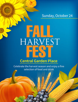 Harvest festival poster design. Invitation for crop fest with sunflower and fruits. Vector illustration.
