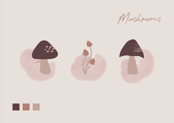 Set of three fantasy pink mushrooms on a watercolor stroke background. Caps decorated with abstract oval, line and grunge textures. Hand-drawn objects. Illustration in pink, brown and beige colors.