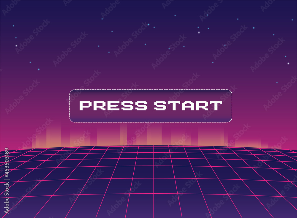 Fototapete purple 1980's vintage cyberpunk neon perspective grid, initial retro video game screen with the writ