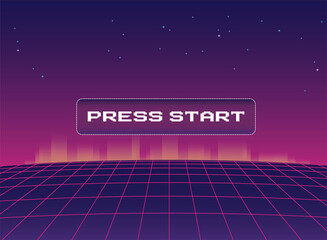 Purple 1980's vintage cyberpunk neon perspective grid, initial retro video game screen with the written text "press start" in a pop-up window. illustration © Mykola
