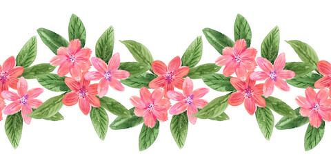 Watercolor seamless border with hand-drawn flowers and leaves