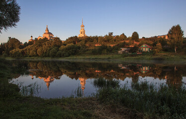 Morning on the Tvertsa River. View of the Borisoglebsky Monastery. Torzhok. Russia
