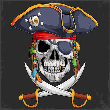 Scary human Skull head in pirate hat with two crossed swords, Halloween Skeleton pirate face