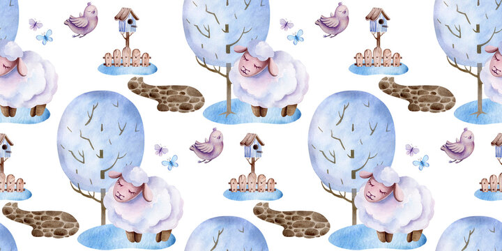 watercolor set of patterns cute sheep in nature