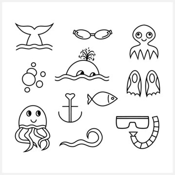 Doodle diving set clipart isolated on white. Hand drawn line art. Vector stock iillustration. EPS 10