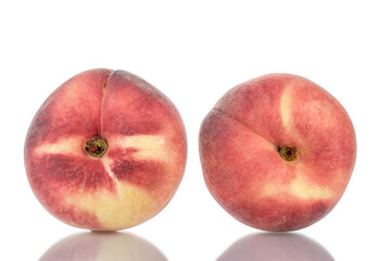 Two juicy organic peaches, close-up, isolated on white.