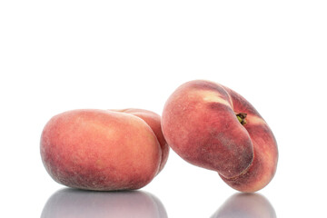 Two juicy organic peaches, close-up, isolated on white.