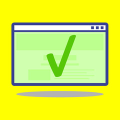 Check mark icon in green on a website screen placed on a yellow background.