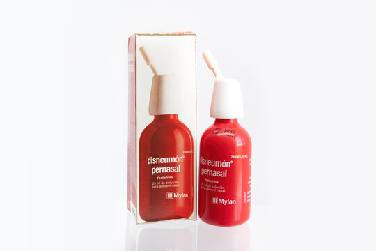 Huelva, Spain - August 28, 2021: Spanish box of Pernasal Disneumon. The active substance is phenylephrine hydrochloride, which belongs to the group of medicines called nasal decongestants.