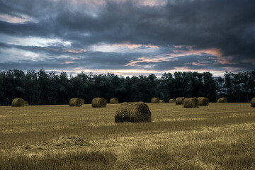 dark clouds are gathering over a field with bales of straw