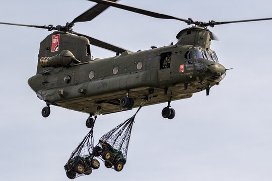 British Royal Air Force Boeing CH-47F Chinook transport helicopter slingload demonstration at the Berlin ILA Air Show..