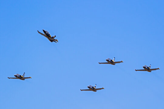 Breitling Jet Team Aero L-39 Albatros planes formation flying over Kleine Brogel Airbase. Belgium