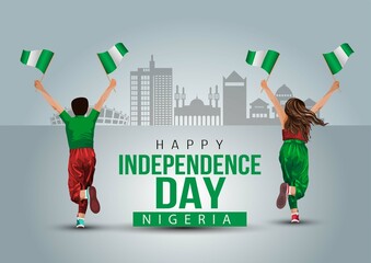 happy independence day Nigeria1st October. a boy and girl running with Nigerian flag. vector illustration design.