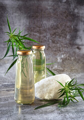 Two bottles of a drink with hemp extract and twigs of a green plant on a stone background. A drink that reduces stress and anxiety. A modern concept of healthy nutrition..