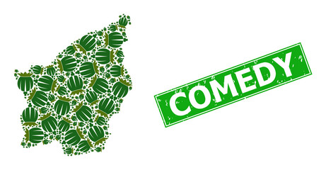 Rubber Comedy stamp seal, and San Marino map mosaic of opium poppy head icons. Green rectangle stamp has Comedy tag inside rectangle.