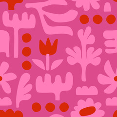 Simple abstract flower seamless pattern on pink background. Floral design. Vector illustration