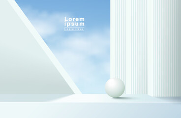 Abstract 3D white podium with blue sky background. Modern vector rendering geometric platform for product display presentation.
