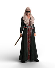 3D rendering of a tall strong viking woman with long blonde hair standing in a dress with a sword in her hand isolated on a white background.