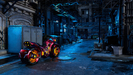 Cyberpunk concept 3D rendering of a futuristic motorcycle in a dark seedy urban street scene. © IG Digital Arts