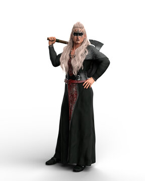 3D rendering of a blonde haired viking warrior woman standing in long dress with an axe resting on her shoulder isolated on a white background.