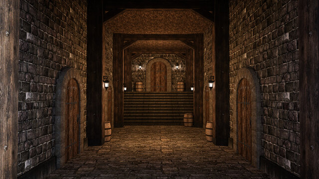 3D rendering of a medieval castle or inn corridor with stone walls, floor and steps leading to wooden door.