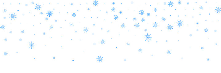 Blue delicate openwork snowflakes scatter on a white background. Festive background, postcard design, wallpaper