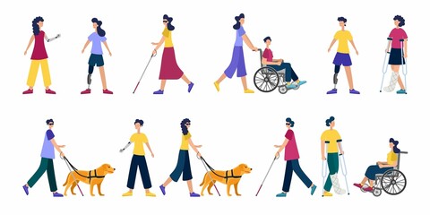 Fototapeta na wymiar Disabled people. People with disabilities. Blind people. Prostheses, wheelchairs, plaster, crutches, a guide dog. A set of different characters.