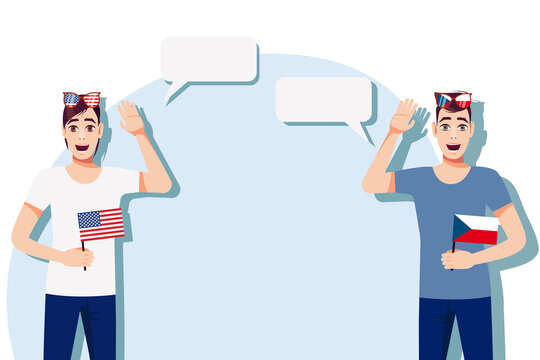 Men with American and Czech flags. Background for text. Communication between native speakers of the USA and Czech. Vector illustration.