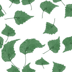 seamless pattern made of green leaves of different sizes and shapes.