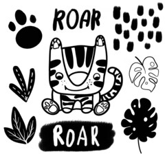 Cute cartoon illustration of a tiger and other jungle elements.