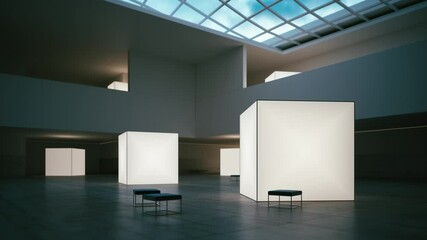 Modern interior of an art exhibition. Empty gallery interior. Exhibition center interior. Exhibition of contemporary art. Hall of modern art museum. 3d visualization