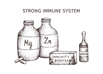 Hand drawn outline digital vintage. Jpg image. Pharmacy products for strong immune system on white background. Packaging with vitamins. Magnesium, zinc, omega, immunity booster. Pharmacy art print 