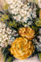 Fragment of still life oil painting depicting of orange chrysanthemum and white lilacs flowers in vase.